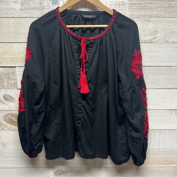 Zara Womens Embroidered Tassel Top Red Black Long Sleeve Floral Size Medium - Picture 4 of 13
